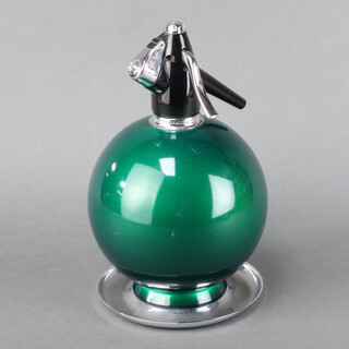 A 1950's stylish green Globemaster soda siphon and stand 25cm h x 13cm 