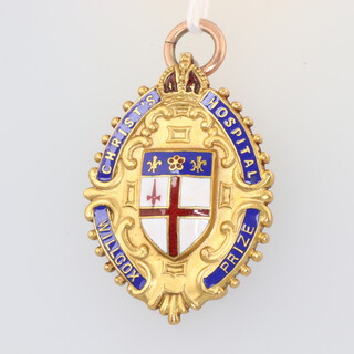 A 9ct yellow gold enamelled medallion - Christs Hospital Wilcox Prize, 10.7 grams 
