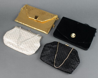 A lady's gilt metal evening bag and 3 other evening bags 