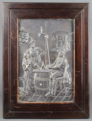 A rectangular embossed metal plaque depicting a tavern interior with figures, contained in a mahogany frame 36cm x 27cm 