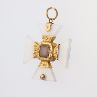 A hardstone and rock crystal yellow metal mounted cross pendant 45mm