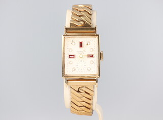 A gentleman's Art Deco 14ct yellow gold Chalet wristwatch with "gem set" hour markers and subsidiary second dial, contained in a 14ct case on a gilt expanding bracelet 