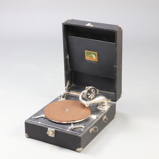 A HMV Gramola portable gramophone, contained in a fibre carrying case 