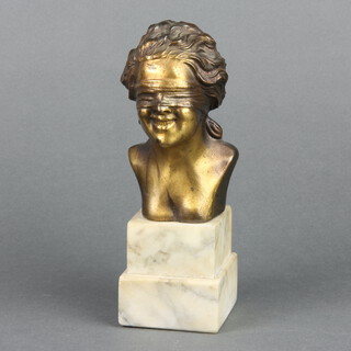 An Art Nouveau erotic spelter head and shoulders portrait bust of a blindfolded lady raised on a square marble base 17cm h x 6cm w x 6cm d 