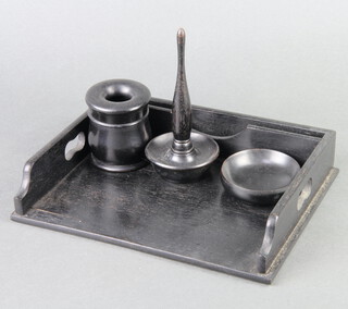 An Edwardian rectangular ebony tray 4cm h x 21cm w x 17cm d, ditto turned ring stand, hair tidy and a shallow dish 
