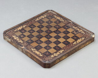 A 19th Century rectangular lacquered games box, the lid with chess set, the interior fitted a backgammon board (no pieces) 9cm x 25cm w x 15cm d