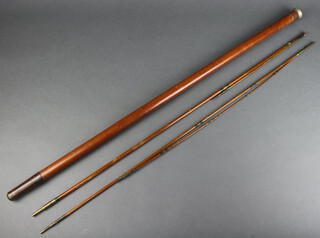Two sections of 19th Century fly fishing rod with 2 tips contained within a walking stick, the metal top marked W Rick, Liverpool (missing base) 
