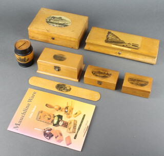 A collection of Mauchline Ware including paper knife decorated Old London Road Hastings, 3 small boxes decorated Prince Green West Cowes I.O.W, Lynton and Lynmouth and Portland The Breakwater (some scratches to the lid), a wine box decorated Peterborough Cathedral 8cm (slight rubbing to the ebonising), trinket box with print to the lid Marina, box decorated Mostyn Terrace and Grand Parade Eastbourne 6cm x 8cm x 13cm  