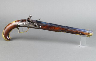 An 18th Century Austrian long holster pistol, the 31cm blued octagonal barrel signed in gold Jos: FruWirth in Wienn, the engraved steel lock plate marked Jos. FruWirth In Wienn, with carved walnut stock and inlaid brass furniture, complete with ram rod  