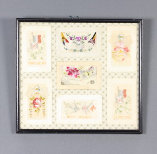 Seven First World War embroidered greetings postcards framed, 32cm x 37cm 
