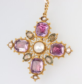 A Victorian yellow metal amethyst, seed pearl and gem set cross pendant, 50mm 