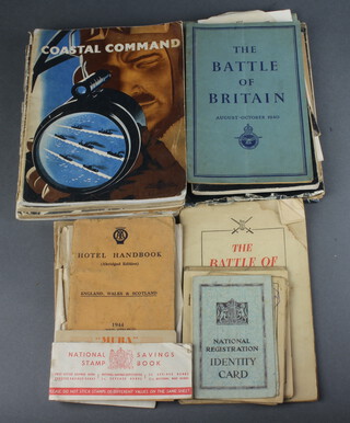 A quantity of 1940's Ministry of Works publications including Battle of Britain, Battle of Flanders, Aircraft Identification, Atlantic Bridge, 2 ration books and 4 identity cards  