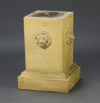 A Victorian square Doulton Lambeth Ltd. garden pedestal raised on a stepped base and with lion masks to the side 53cm h x 37cm w x 37cm d, the base impressed Doulton & Co Lambeth Ltd