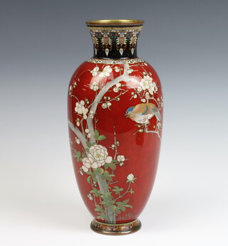 A red ground cloisonne enamelled vase decorated bird on a branch 30cm x 8cm 
