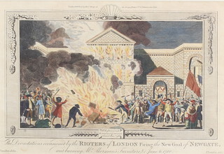 Hamilton, 18th Century engraving, "The Devastation Occasioned by The Rioters of London Firing the New Goal of Newgate and Burning Mr Ackerman's Furniture and Company, June 6th 1780" 21.5cm x 31cm 
