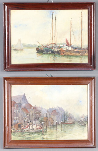 Edwardian, watercolours a pair, unsigned, a river townscape and moored fishing vessels 26cm x 36cm 