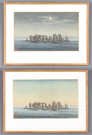 Yoshijiro Urushibara, a pair of early 20th Century Japanese woodblock prints,  signed, "Stonehenge by Moonlight" & "Stonehenge at Dawn" 20cm x 33cm 