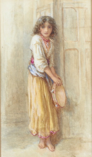 J Bouvier, watercolour, study of a girl holding a tambourine 20cm x 12cm 