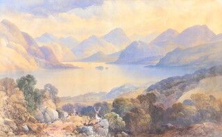 J Burrell-Smith (1822-1927), watercolour, Mountain Loch with deer, signed and dated 1924?, 44cm h x 70cm w