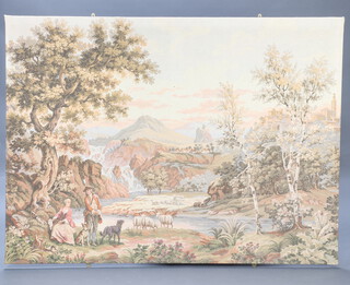 Machine embroidery, extensive 18th Century style landscape with figures before a tree, unframed 140cm x 185cm 