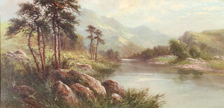 Sidney Yates Johnson (active 1890-1926) oil on canvas highland scene with sheep grazing beside a river with distant mountains 29cm x 60cm 