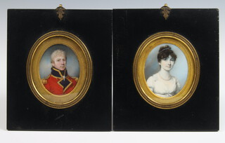 19th Century oval miniatures, watercolours unsigned, portrait of General White and his wife's sister 7.5cm x 6cm, contained in ebonised frames with gilt metal mounts 
