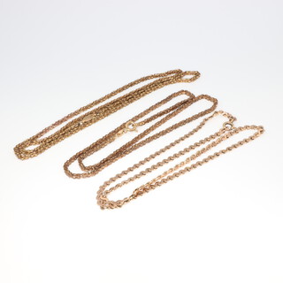 Three 9ct yellow gold flat link necklaces, 29 grams 