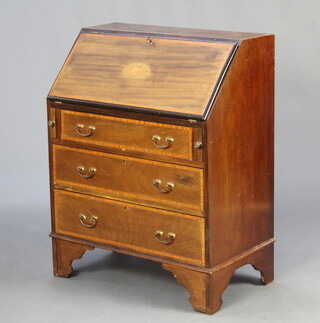 An Edwardian inlaid mahogany bureau, the fall front revealing a fitted interior above 3 drawers, raised on bracket feet 95cm h x 76cm w x 42cm d 