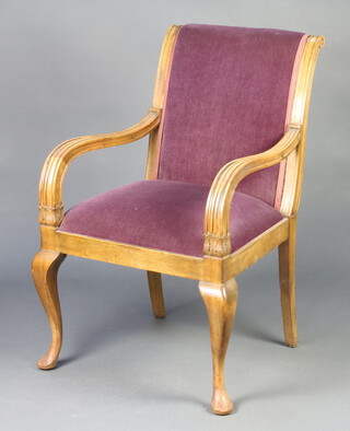 An Italian style bleached walnut show frame open arm chair raised on cabriole supports 97cm h x 61cm w x 54cm d (seat 35cm x 32cm) 