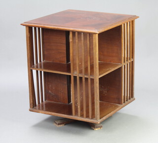 An Edwardian square quarter veneered and crossbanded mahogany 2 tier revolving bookcase 68cm h x 54cm w x 54cm d 