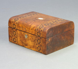 A Victorian inlaid figured walnut D shaped trinket box with hinged lid 12cm h x 30cm w x 22cm d (lid slightly warped) 