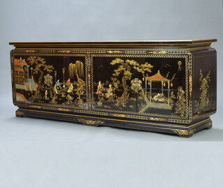 A 20th Century Chinese lacquered sideboard the base enclosed by a pair of panelled doors decorated figures and pavilions 75cm h x 199cm w x 45cm d, signed to the top right hand door  