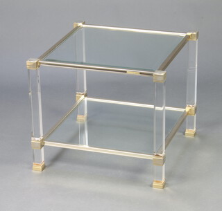 A mid-Century Pierre Vandel square perspex, plate glass and gilt metal 2 tier lamp table 51cm h x 58cm w x 58cm d  