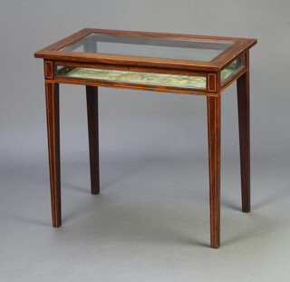 An Edwardian rectangular inlaid mahogany bijouterie table, with plush lining, raised on square tapered supports 71cm h x 73cm w x 46cm d 