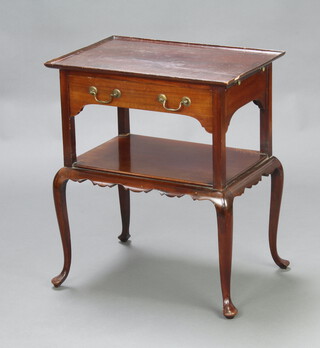 A rectangular Edwardian, Georgian style 2 tier mahogany silver table fitted a 2 brushing slides, 1 long drawer above undertier, raised on cabriole supports 68cm h x 57cm w x 40cm d
