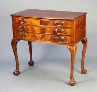 A Georgian style mahogany bow front canteen chest fitted 3 long drawers with brass drop handles, raised on cabriole, ball and claw supports, supplied by Garrards 89cm h x 94cm w x 53cm d 