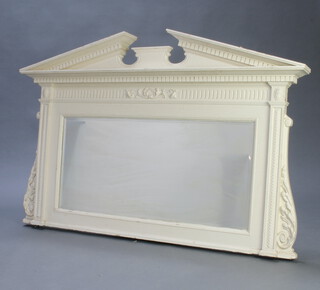 An Edwardian rectangular bevelled plate over mantel mirror contained in a white painted neo classical style frame with broken pediment and dentilled cornice 94cm h x 139cm w x 12cm d 