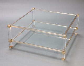A mid-Century Pierre Vandel perspex, gilt metal and plate glass square 2 tier coffee table 40cm h x 93cm w x 93cm d 