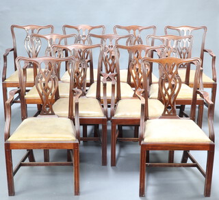 A set of 11 Chippendale style mahogany open arm chairs with pierced vase shaped slat backs and green leather upholstered seats raised on square supports with H framed stretchers 91cm h x 51cm w x 44cm d (seats 30cm x 27cm)
