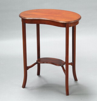 An Edwardian inlaid mahogany kidney shaped 2 tier occasional table 70cm h x 57cm w x 33cm d 