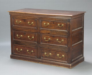 An 18th Century elm chest of 6 short drawers with replacement brass swan neck drop handles 90cm h x 132cm w x 53cm d 