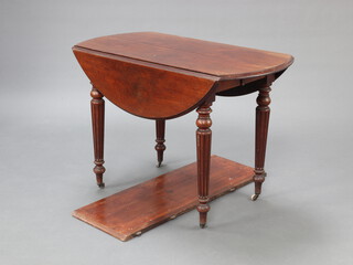 A 19th Century Continental drop flap pine and mahogany table with 1 extra leaf raised on turned and reeded supports ending in caps and wooden casters 70cm h x 99cm w x 51cm when closed x 97cm when flaps extended and 131cm l with extra leaf 