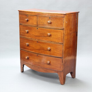 A 19th Century mahogany bow front chest of 2 short and 3 long drawers with tore handles, raised on bracket feet 120cm h x 102cm w x 51cm d 