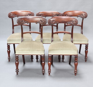 A set of 5 William IV mahogany bar back dining chairs with overstuffed seats