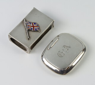 A silver match sleeve with enamelled Union Flag together with a silver compact, gross weight 34 grams 