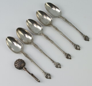 Five Victorian silver coffee spoons with mask handles, London 1876 together with a 925 tie clip, 66 grams 