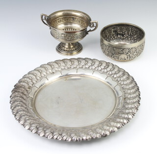 A Continental white metal 2 handled classical cup, a repousse floral dish and an Indian repousse bowl, 230 grams 