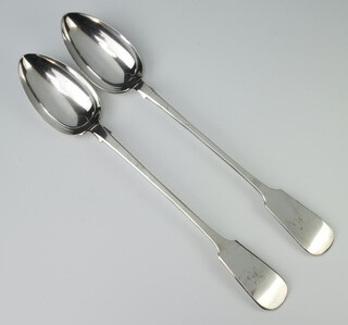 A pair of Victorian silver plated Old English pattern basting spoons with engraved monogram 