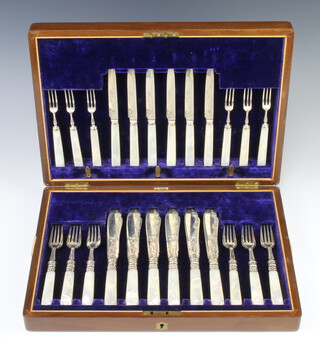 A cased set of 6 Victorian silver and mother of pearl dessert eaters and fish eaters, Sheffield 1896, 1899 and 1900, contained in a mahogany canteen 