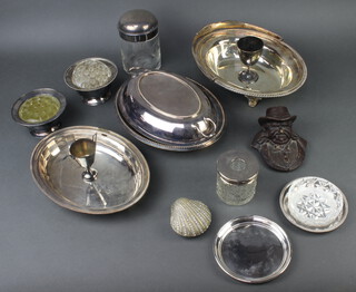 An Edwardian silver mounted glass hair tidy Birmingham 1909, a stylish plated jar and cover and minor plated wares